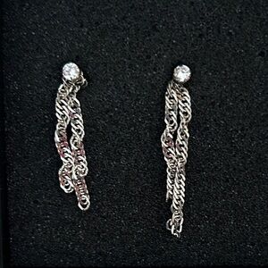 Source Unknown 2 In 1 Asymmetrical Silver Chain Drop/Stud Hybrid Earrings
